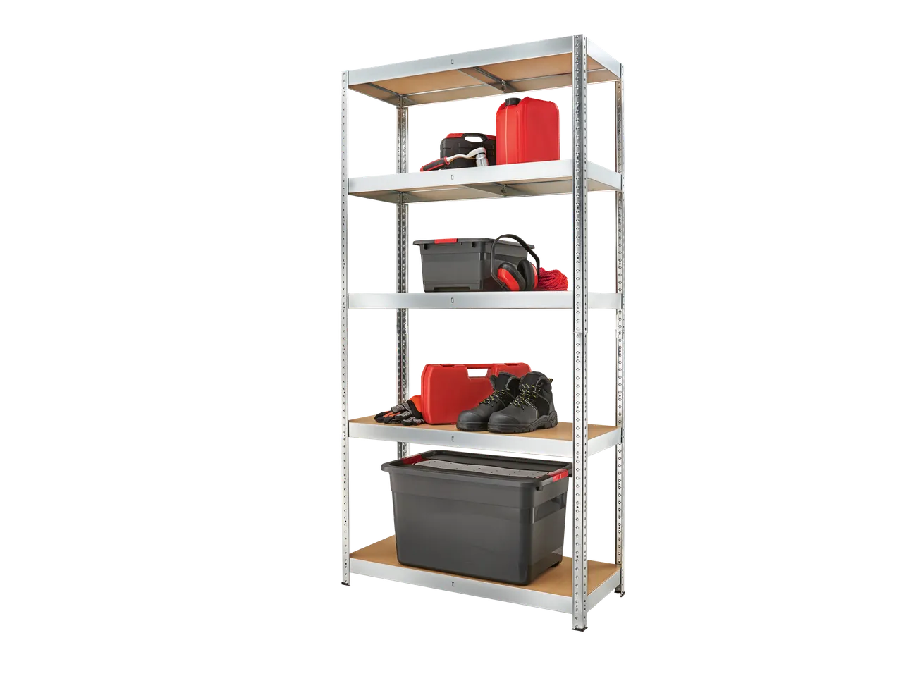 Parkside® metallriiul viie riiuliga, erinevate tööriistade ja hoiukastidega.