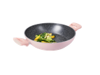 Pink Serving Pan with sauteed vegetables.