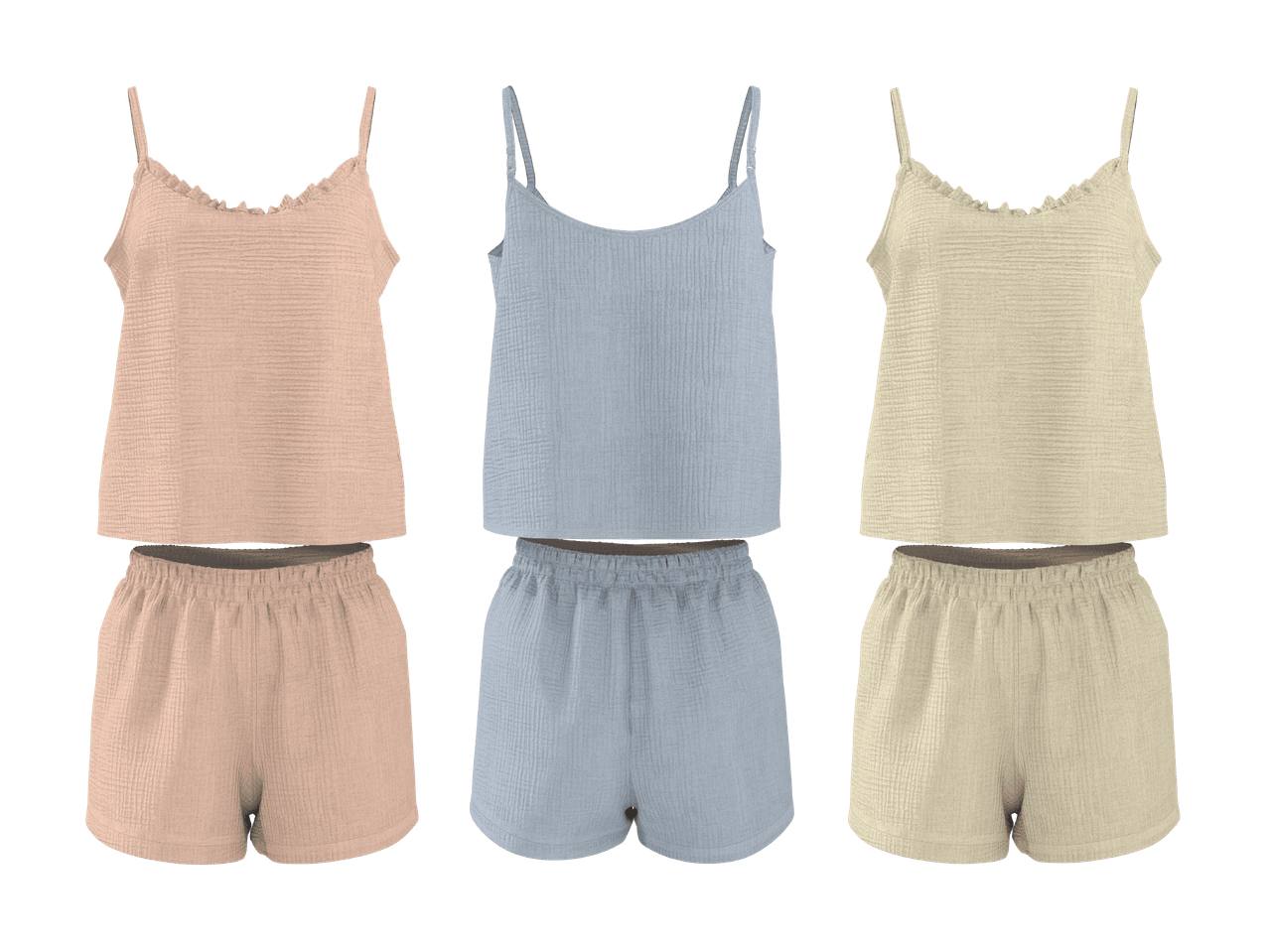 Trois ensembles de pyjamas d'été, débardeurs et shorts, en rose, bleu et beige.