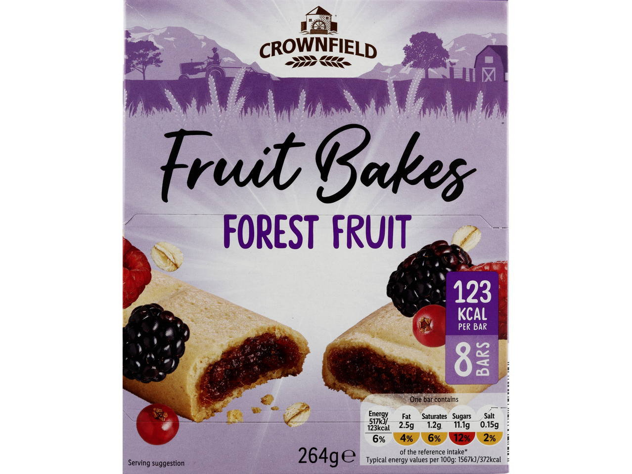Crownfield Fruit Bakes Forest Fruit packaging with nutritional information.