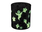 Halloween-themed glass candle holder with glow-in-the-dark ghosts, bats, and spiderwebs.