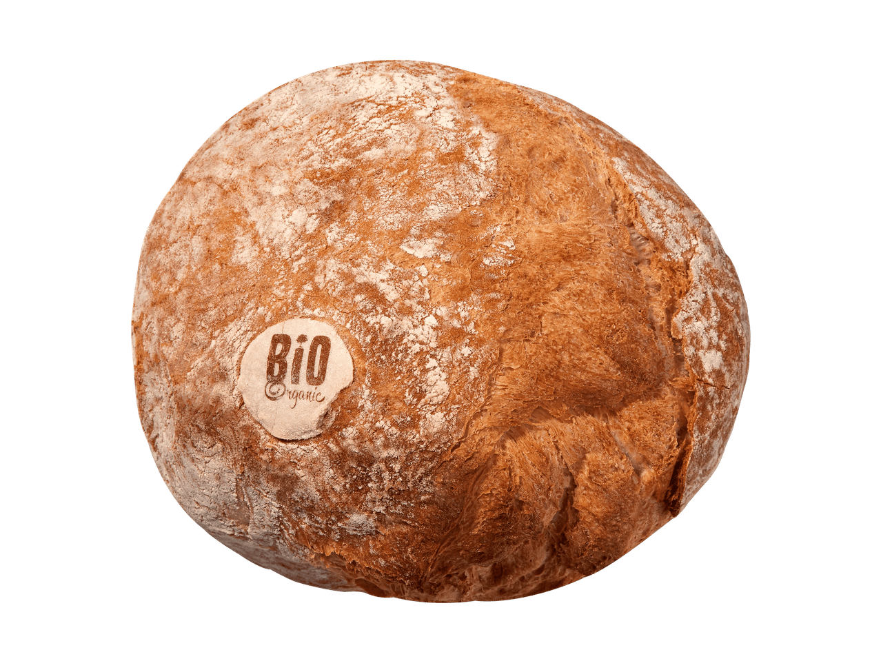Pane rotondo biologico con crosta dorata e farina spolverata.
