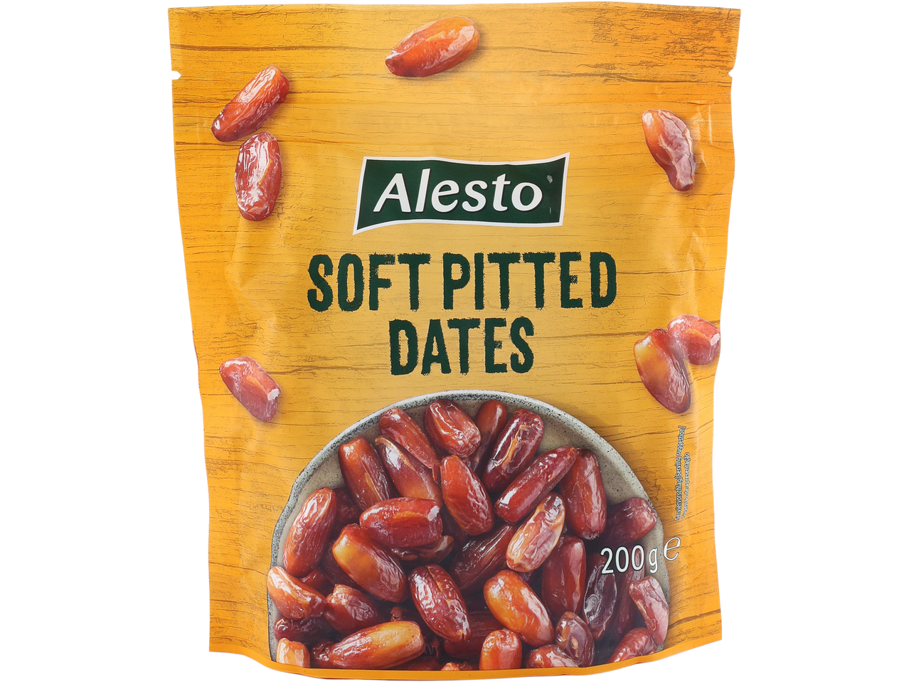 Alesto Soft Pitted Dates, 200g, in a yellow package with a bowl of dates.