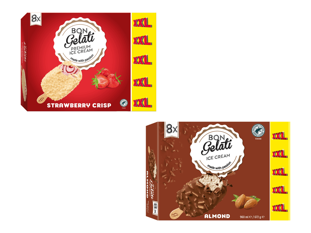 Kaksi pakkausta Dippin' Dots -jäätelötikkuja: mansikka ja manteli.