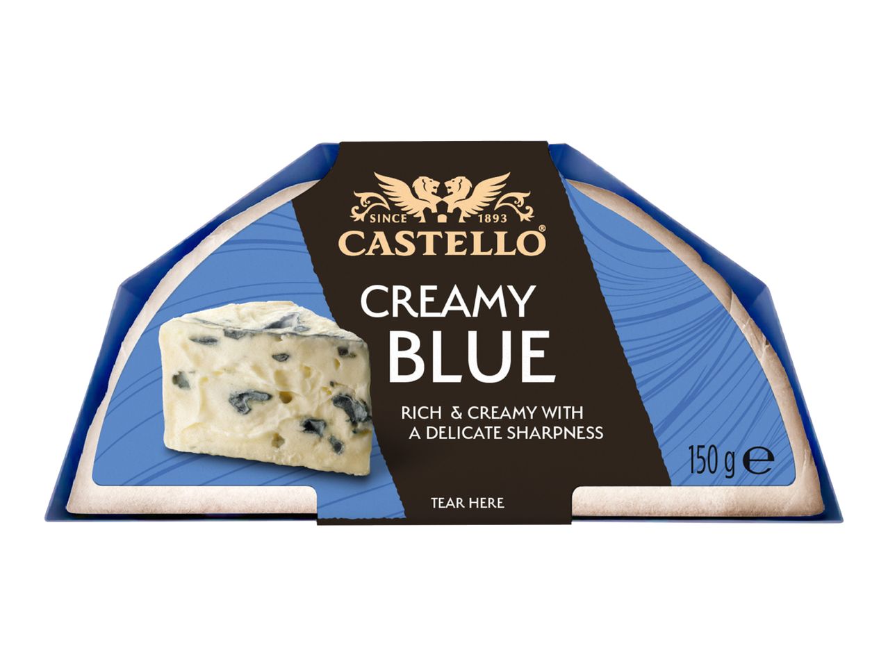 A 150g package of creamy blue cheese with a delicate sharpness.