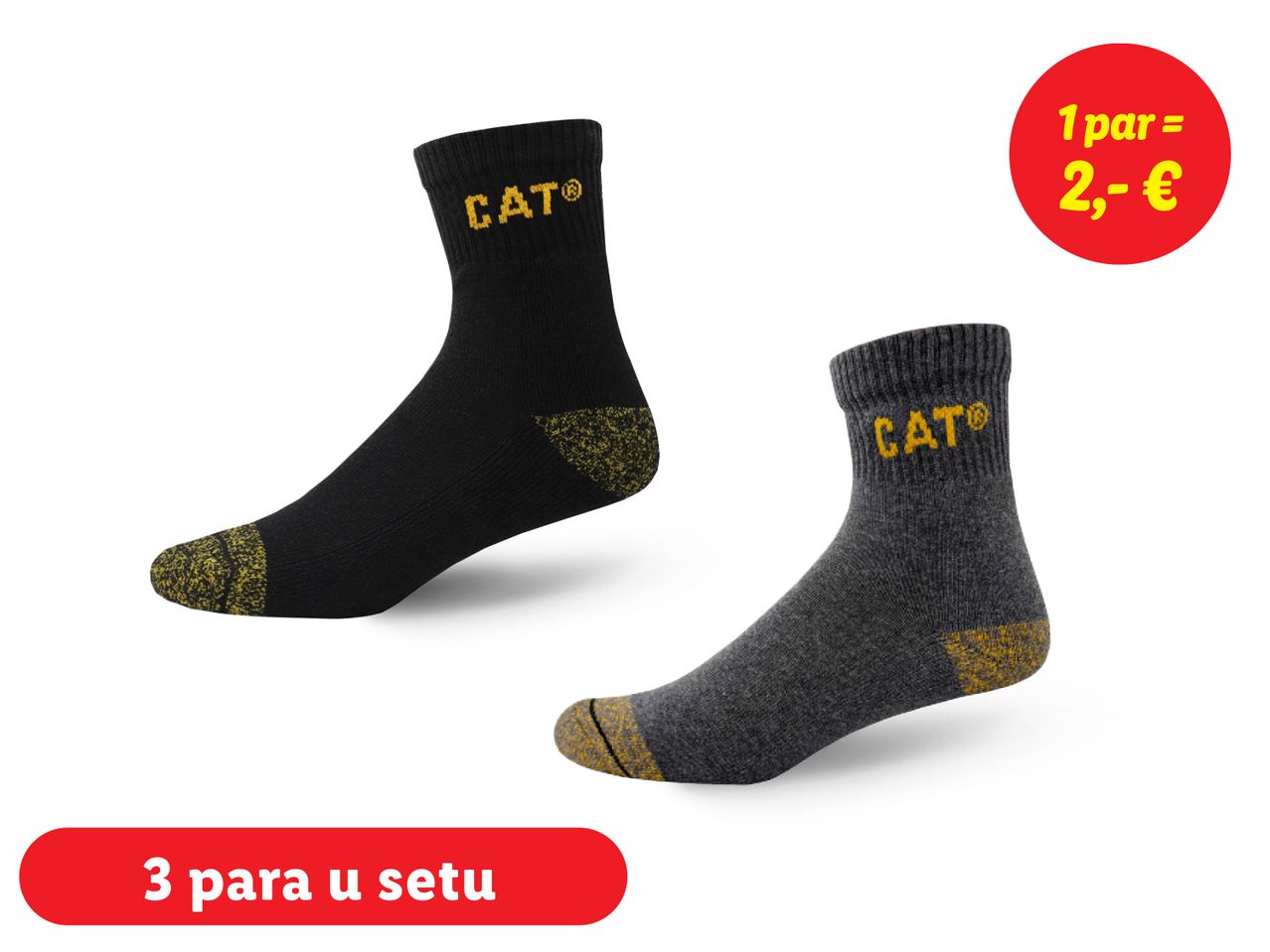 Dva para CAT čarapa, crne i sive, u pakiranju od tri para.