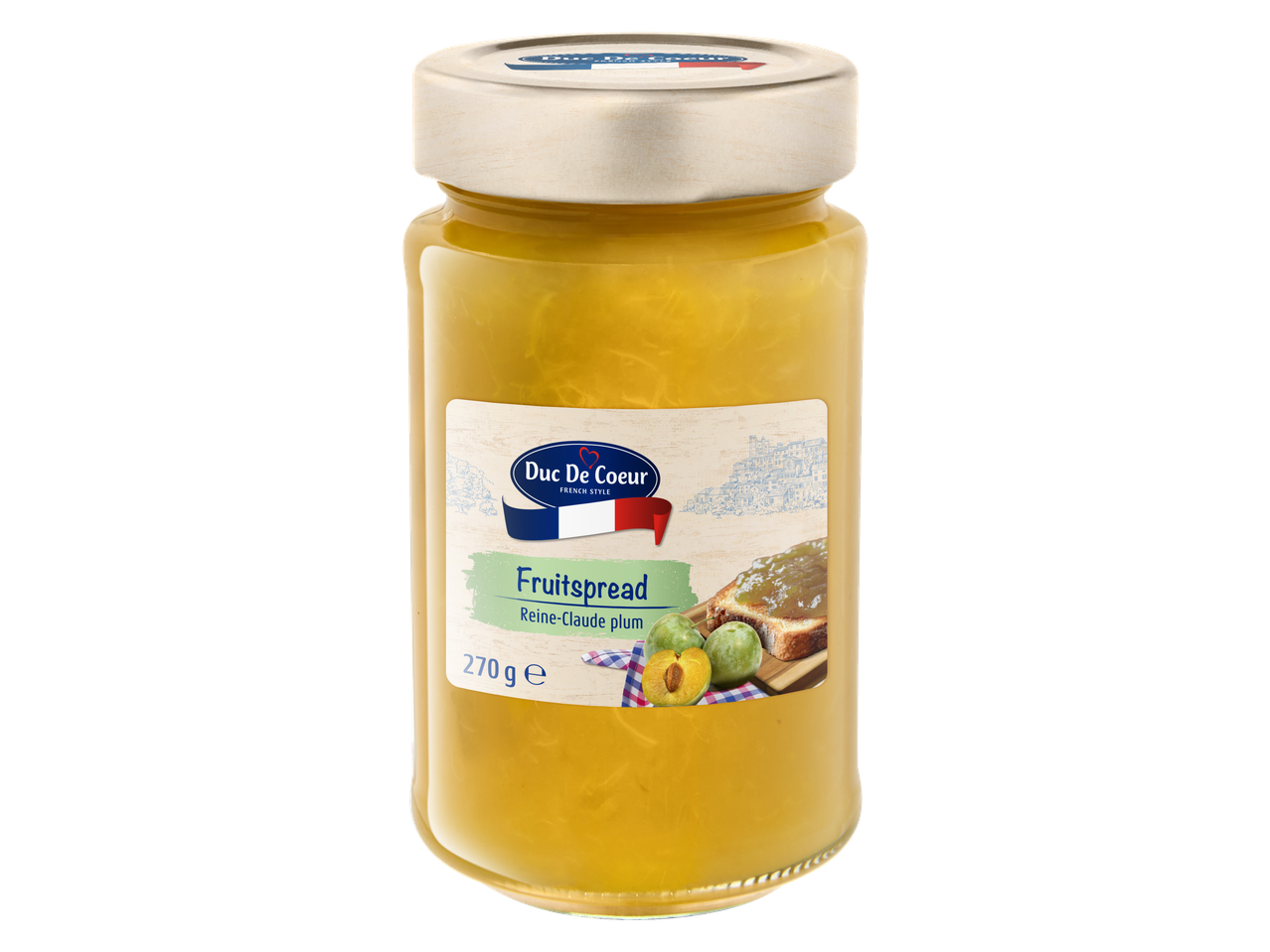 Pot Duc De Coeur Reine-Claude pruimenfruitspread met toast en verse pruimen.
