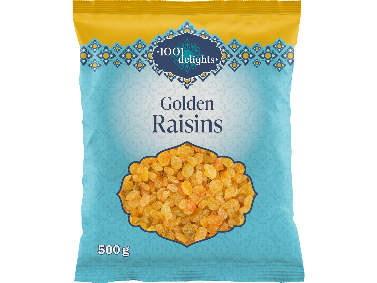 Förpackning med gyllene russin, 500g, med ett mönster i blått och gult.