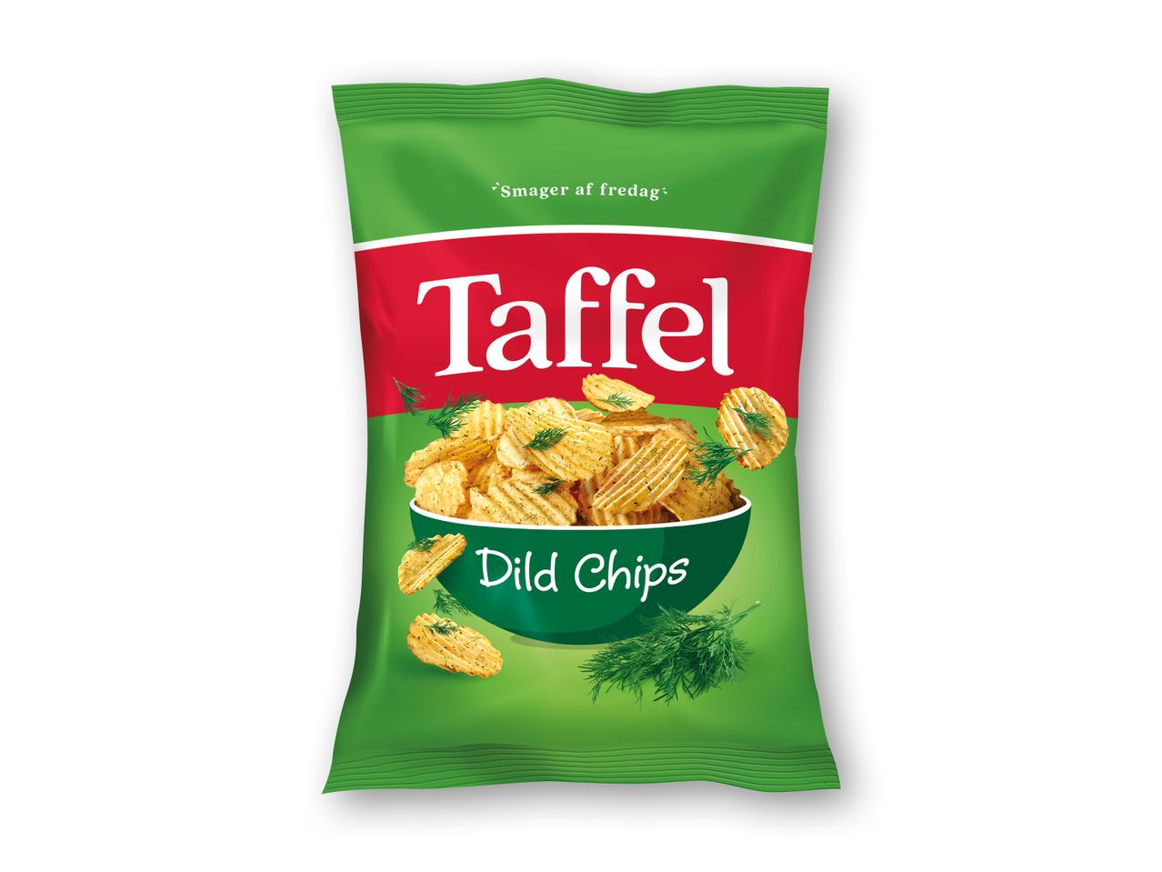 Grøn pose med dildchips og teksten 'Smager af fredag' og 'Dild Chips'.
