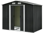 Dark grey garden shed with white accents and an open door.