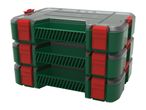 Stackable green and red organizer boxes with clear lids, ideal for tools or small parts.