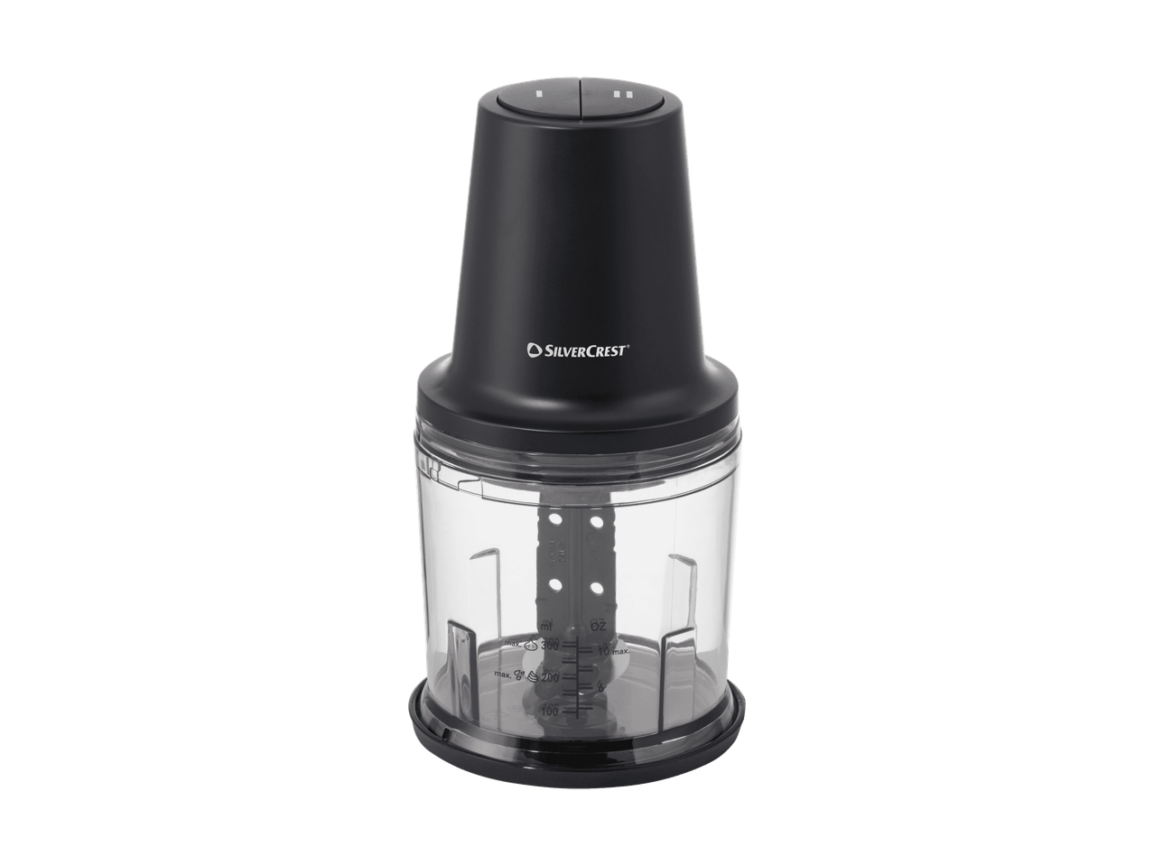 Un hachoir électrique noir et transparent avec des mesures de volume.