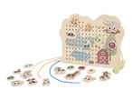 Wooden lacing board with farm animals and landscape, colorful strings, and loose animal pieces.
