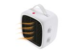 White portable electric fan heater with orange heat waves emanating from the front