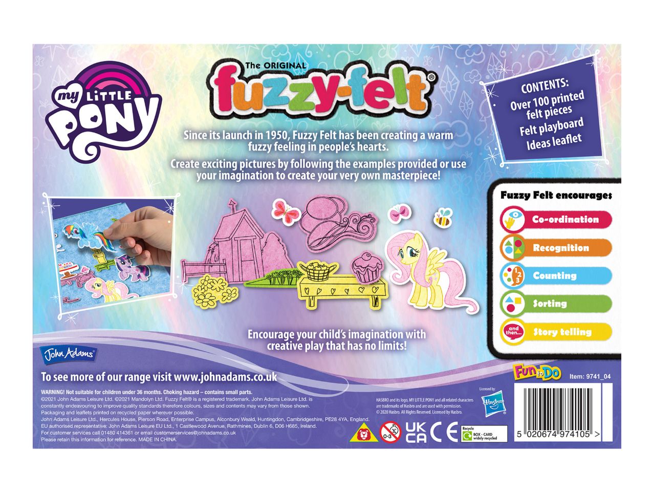 My Little Pony Fuzzy Felt set with playboard, felt pieces, and activity suggestions.
