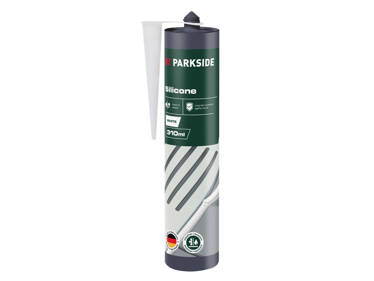 PARKSIDE silikona hermētiķis, balts, 310 ml, iekšdarbiem un ārdarbiem, izturīgs pret pelējumu un laikapstākļiem.