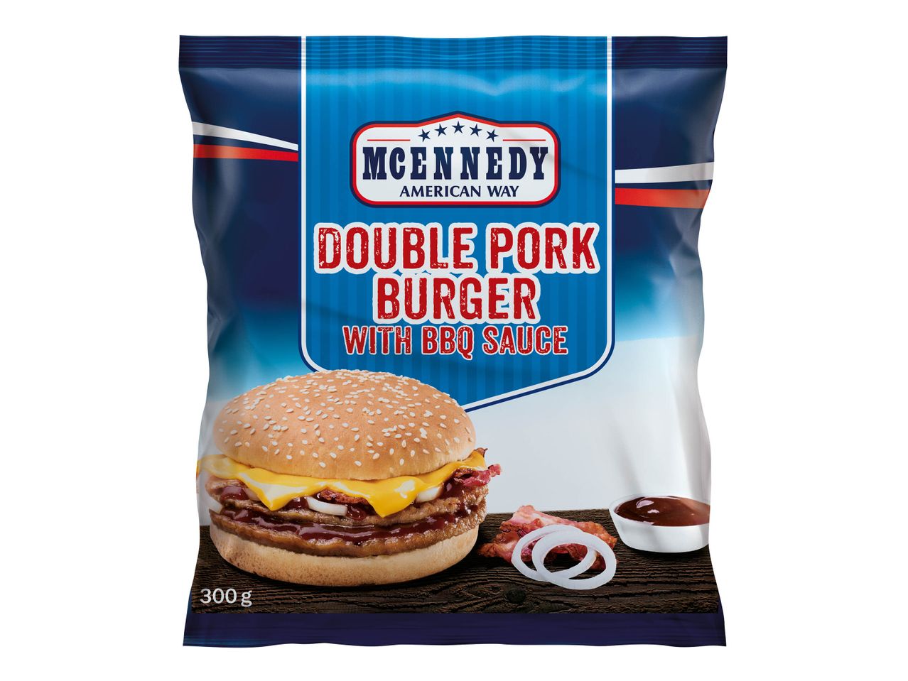 Burgers porc double McKennedy avec sauce BBQ.