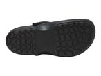 Bottom view of a black clog with a textured sole and a strap.