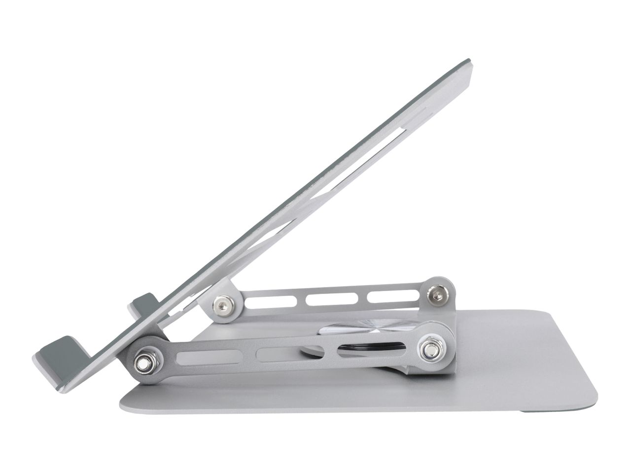 Silver adjustable laptop stand with a minimalist design