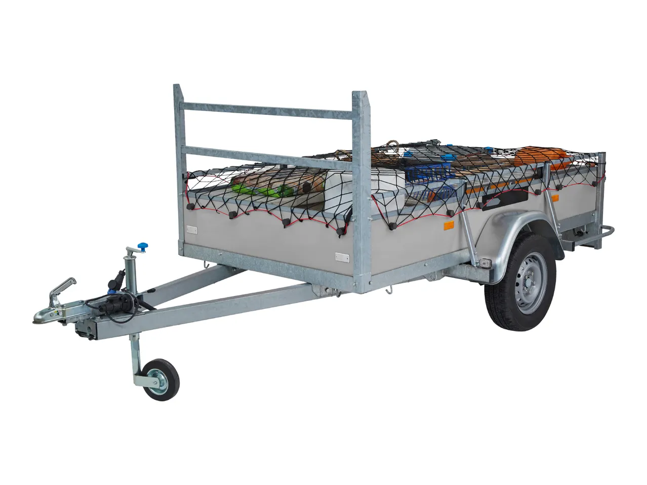 A gray metal utility trailer with a cargo net securing various items.