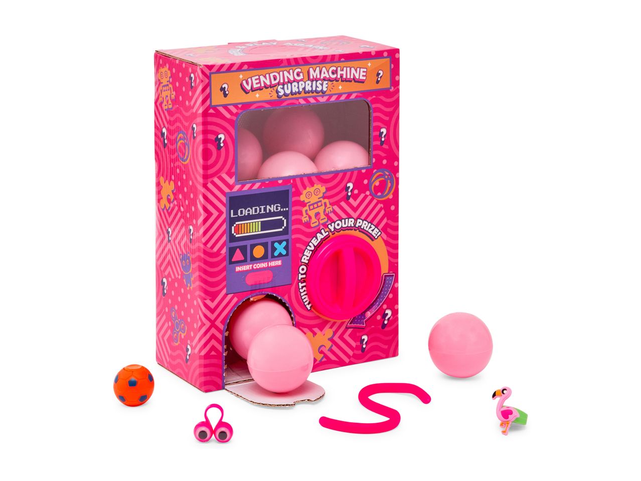 Pink Vending Machine Surprise toy with capsules and small toys like a flamingo and a ball.