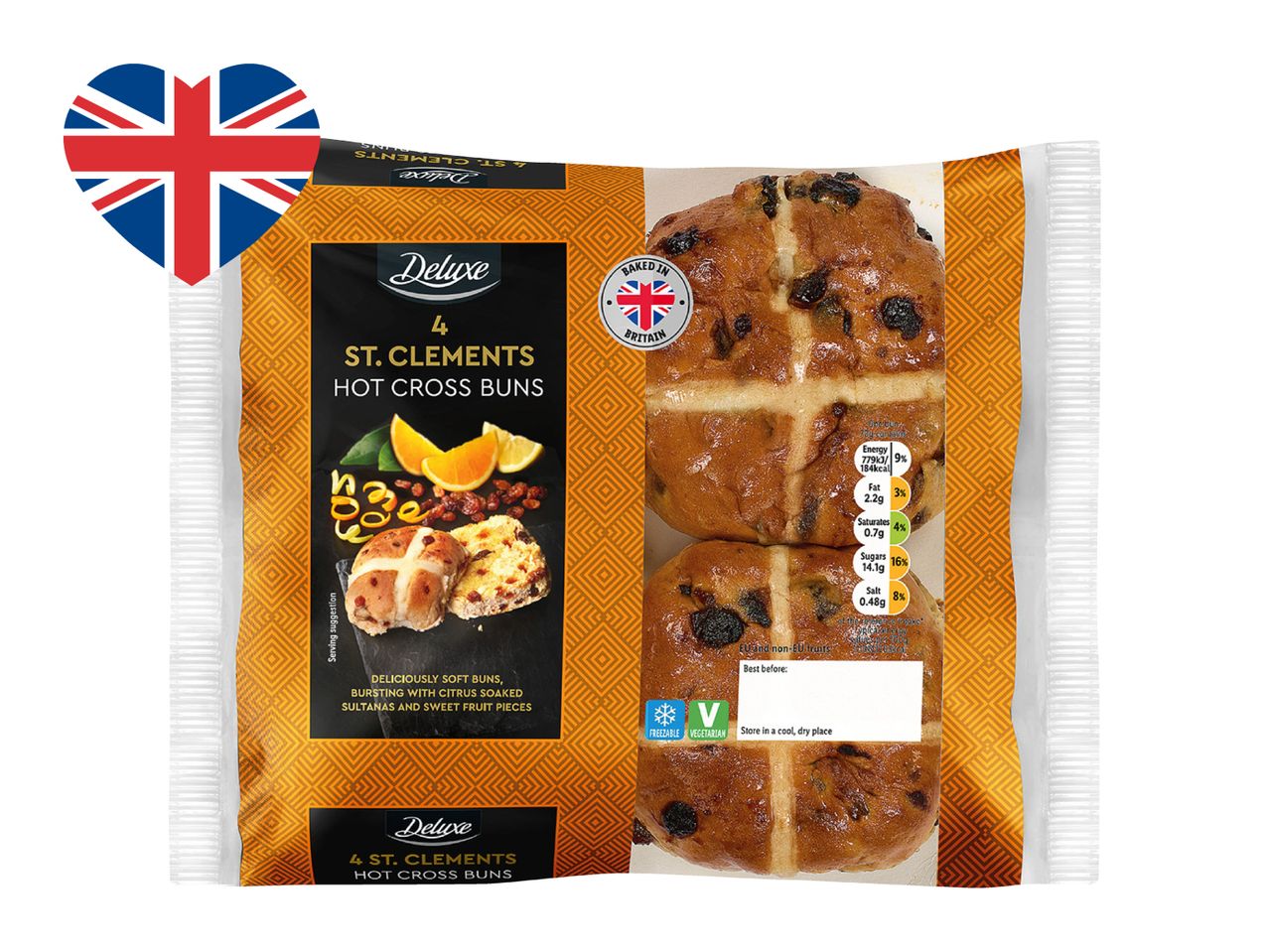 Four St. Clements hot cross buns with citrus-soaked sultanas, baked in Britain.