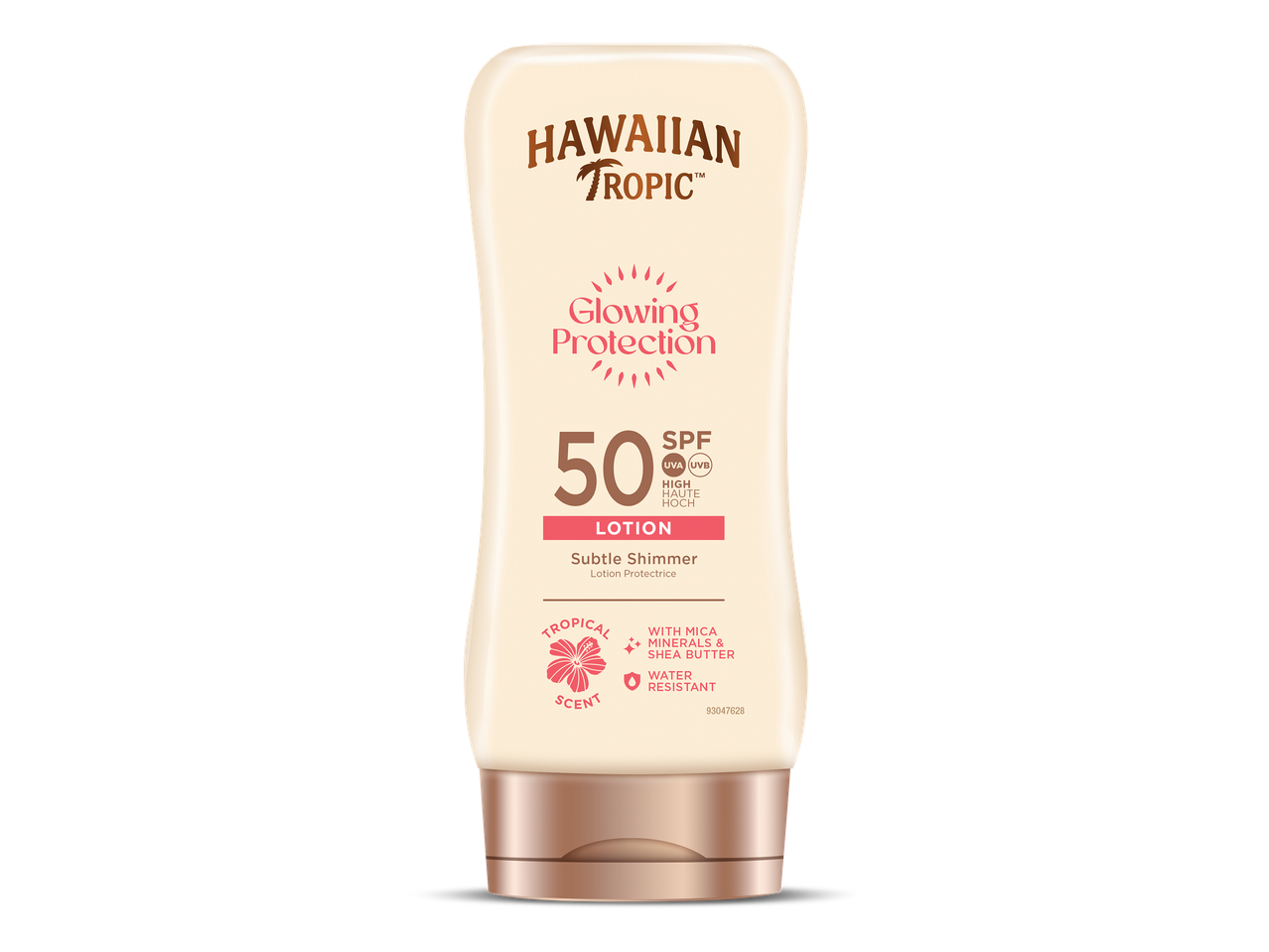 Zonnebrandlotion met SPF 50, subtiele glans, tropische geur en waterbestendig.