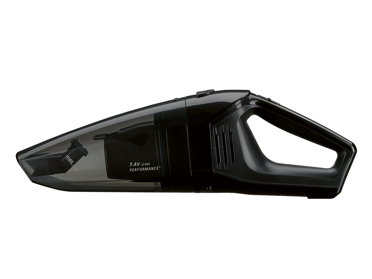 Silvercrest® Aku ručni usisivač: Melns rokas putekļsūcējs ar 7.4V Li-ion PERFORMANCE+ marķējumu.