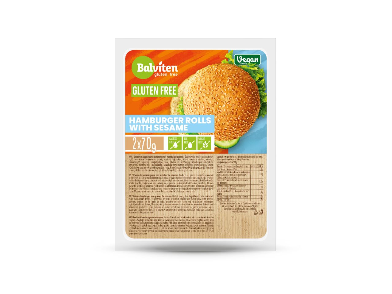 Pakiranje Balvíten veganskih hamburger peciva bez glutena s sezamom.