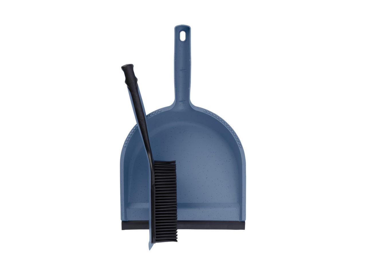 Blue dustpan and black brush set on a white background.