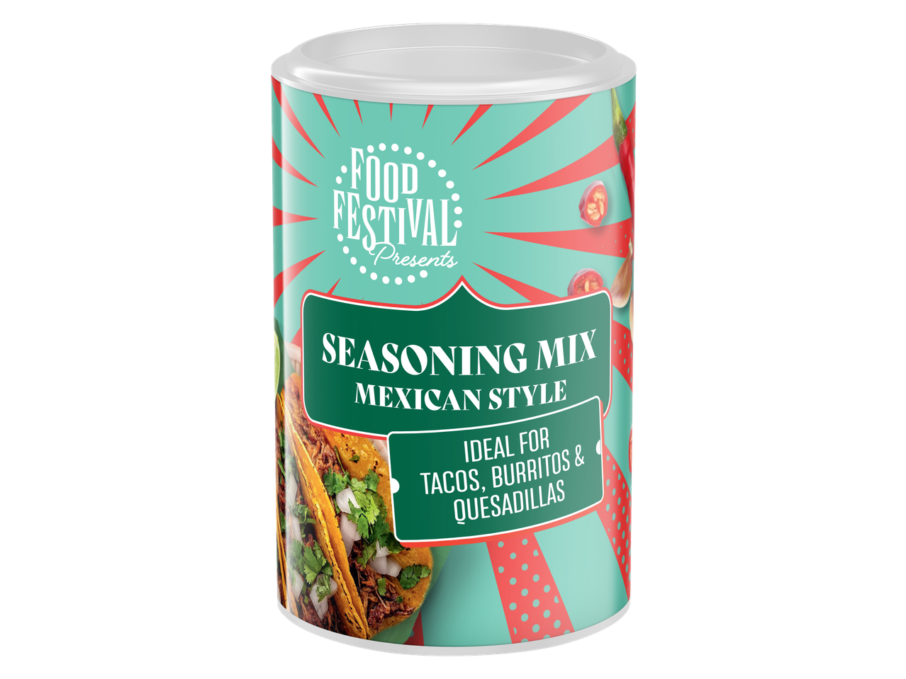 Seasoning mix for Mexican style tacos, burritos, and quesadillas in a round container.