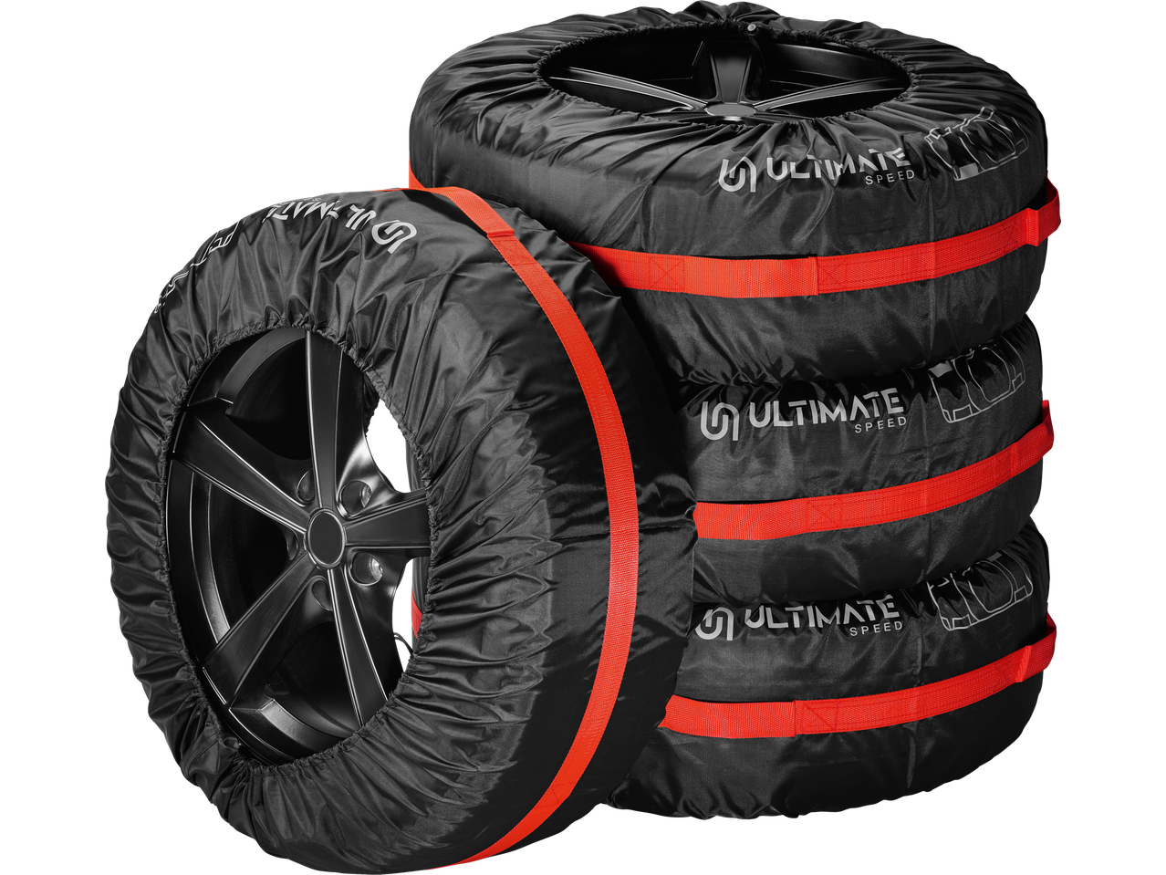 ULTIMATE SPEED® juodų padangų užvalkalų rinkinys su raudonais dirželiais, sukrauti