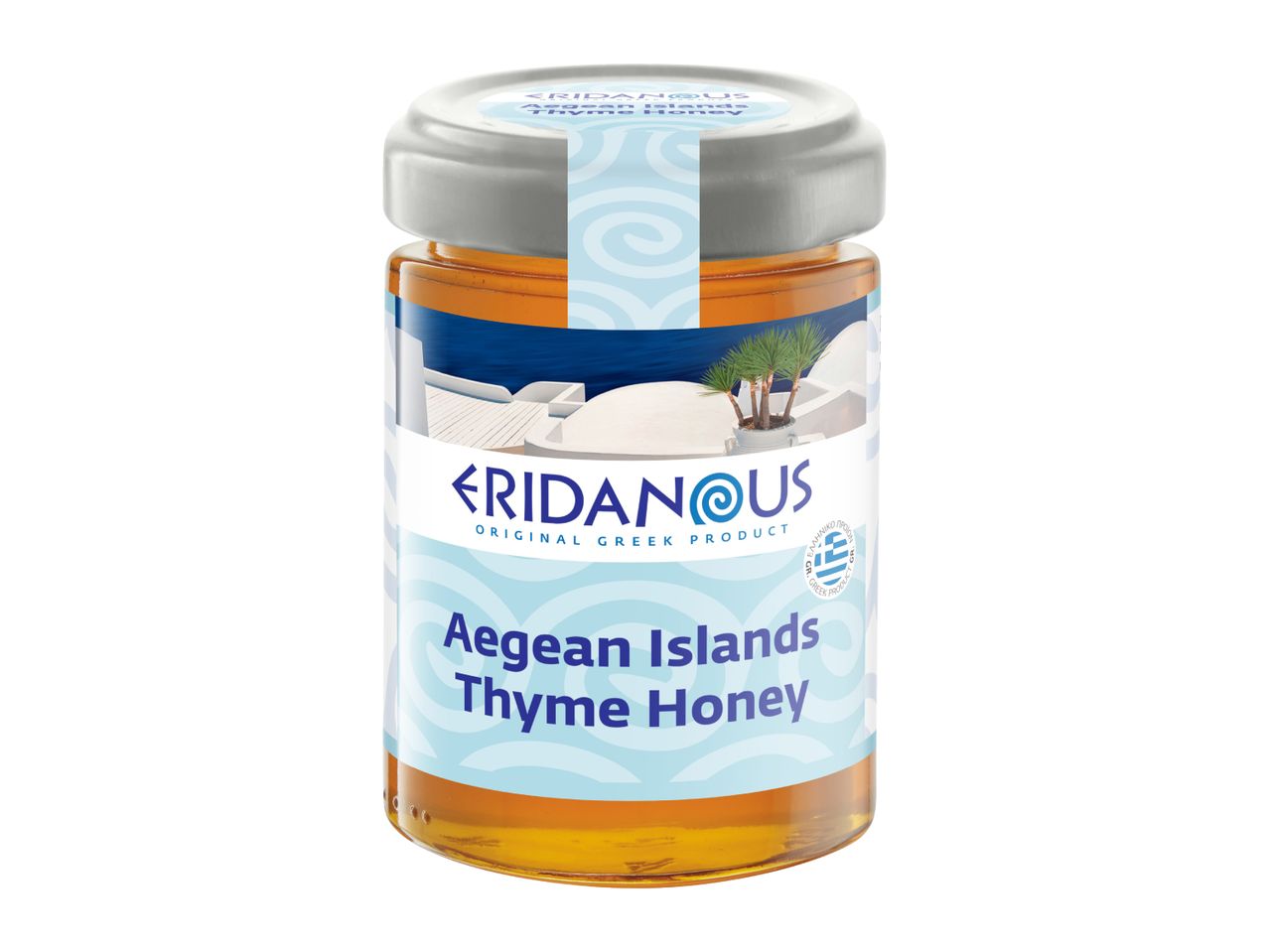 A jar of Aegean Islands Thyme Honey, an original Greek product, with a blue and white label.
