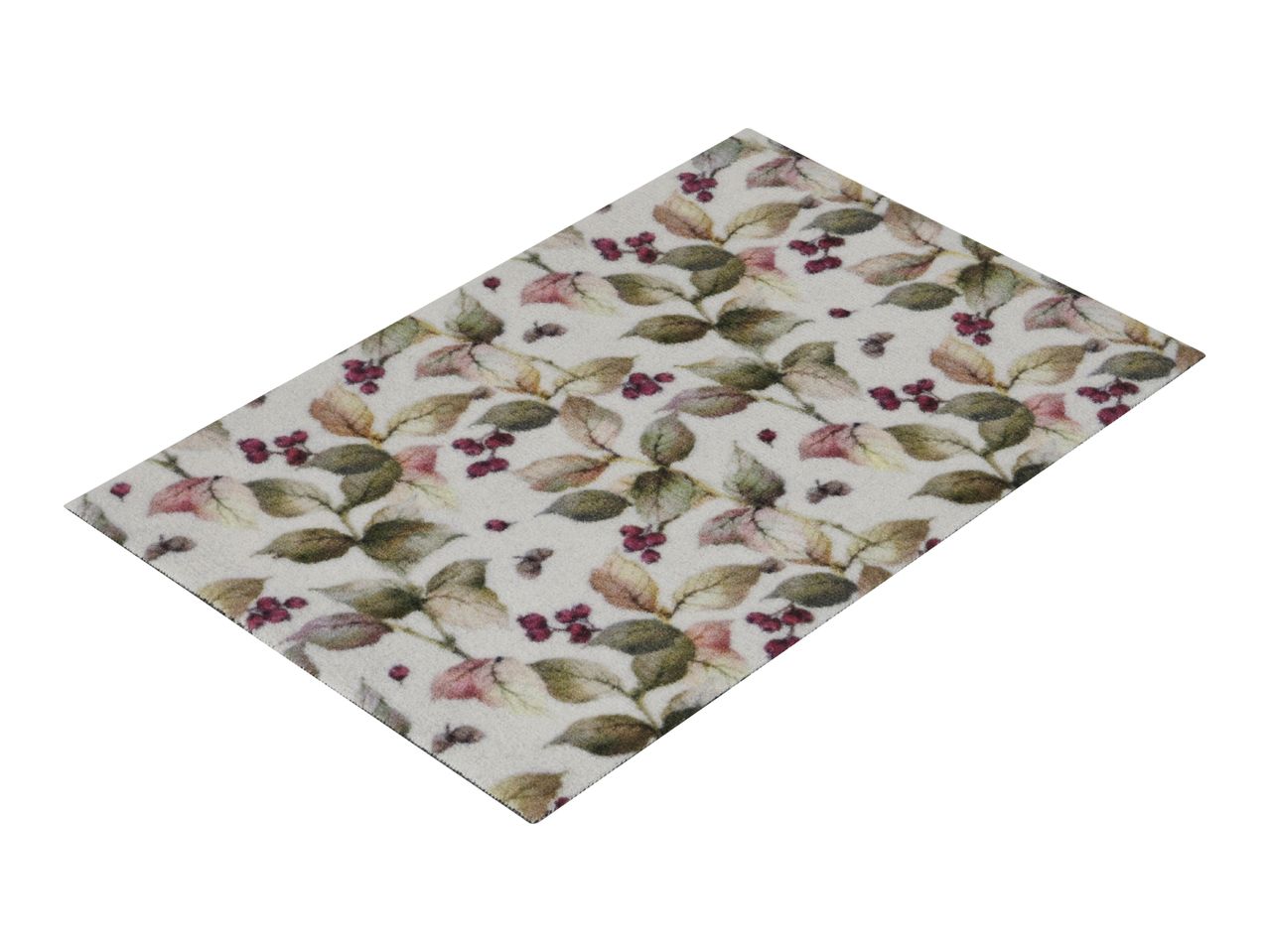 Rectangular doormat with a pattern of green and brown leaves and red berries.