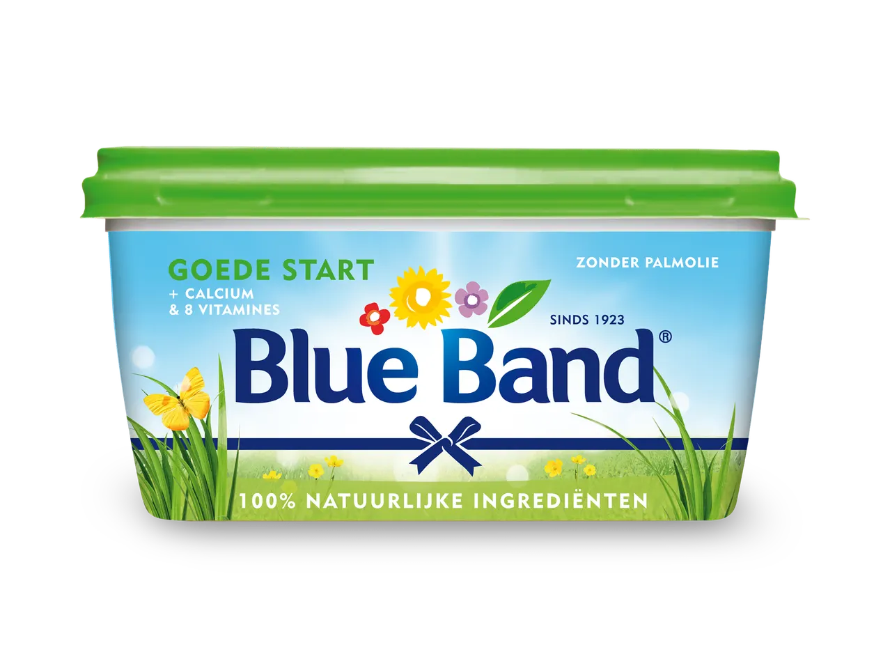 Een pot Blue Band Goede Start margarine, zonder palmolie en met calcium en 8 vitaminen.