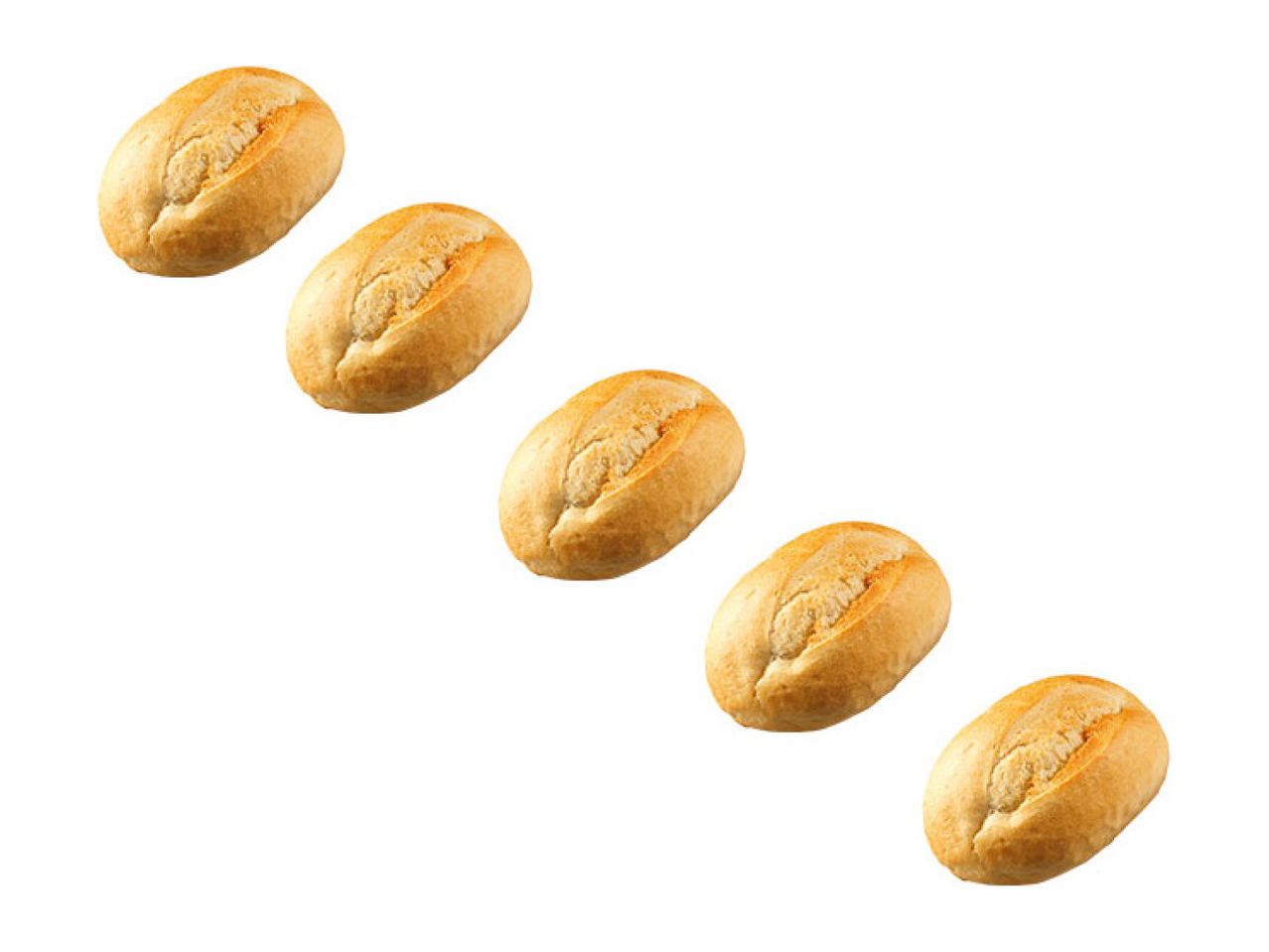 Five golden-brown bread rolls arranged diagonally on a white background.