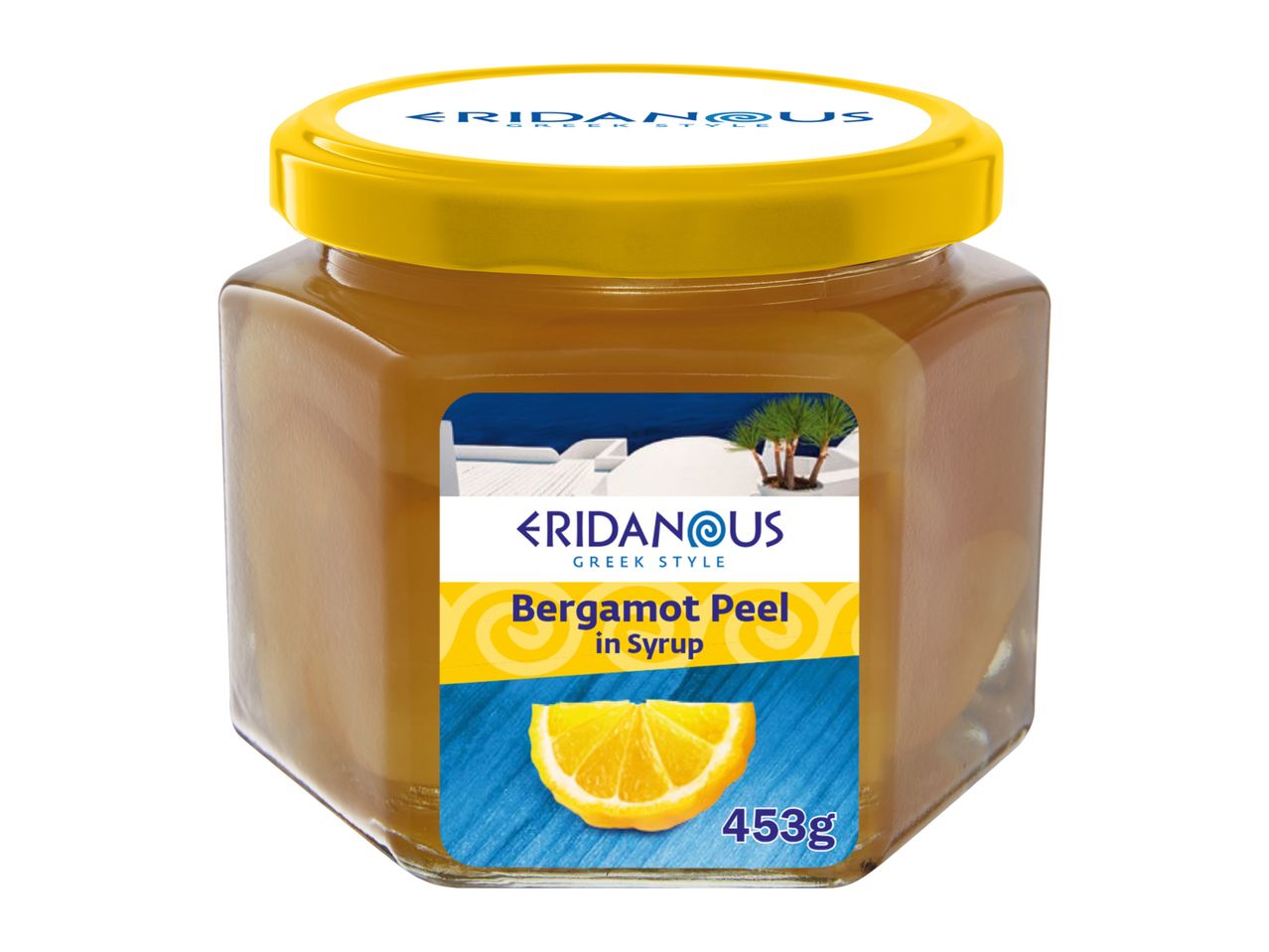 Eridanous Bergamot Peel in Syrup, 453g jar with a yellow lid.