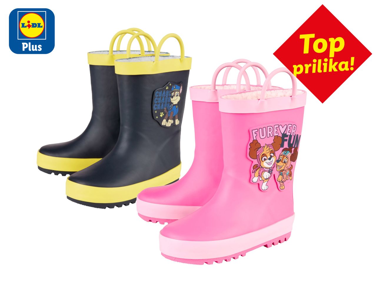 Dva para dječjih Paw Patrol gumenih čizama, jedne tamnoplave s Chaseom i jedne ružičaste sa Skye i Everest.
