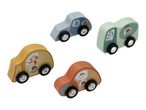 Four wooden toy cars in different colors, each with an animal driver and construction-themed details.