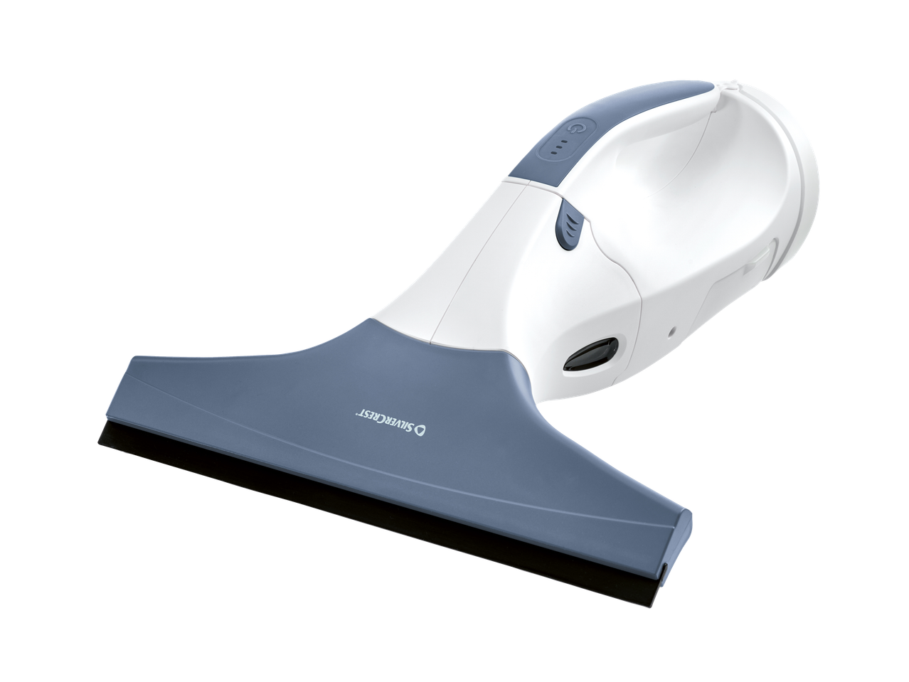 Beli i sivi Silvercrest® Akku-Fenstersauger na crnoj pozadini.