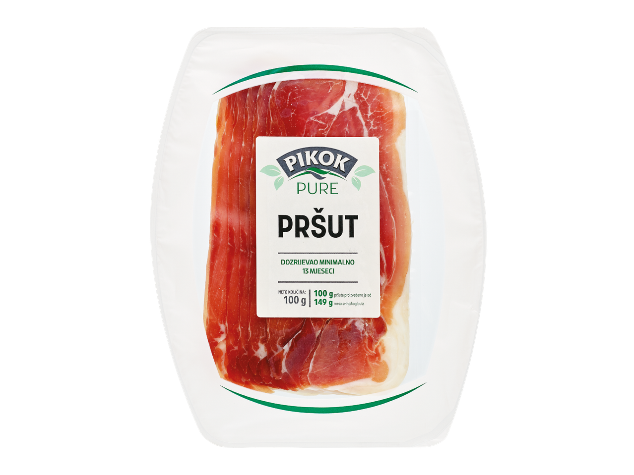 Pakirano narezani pršut, dozrijevao minimalno 13 mjeseci, neto količina 100g.