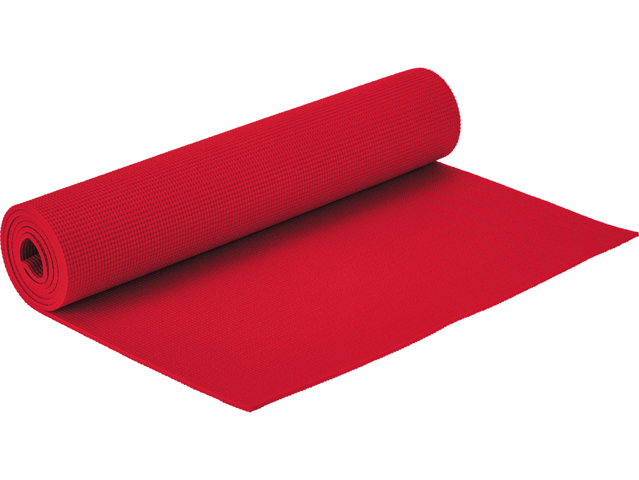 A red CRIVIT exercise mat, partially rolled up, on a black background.