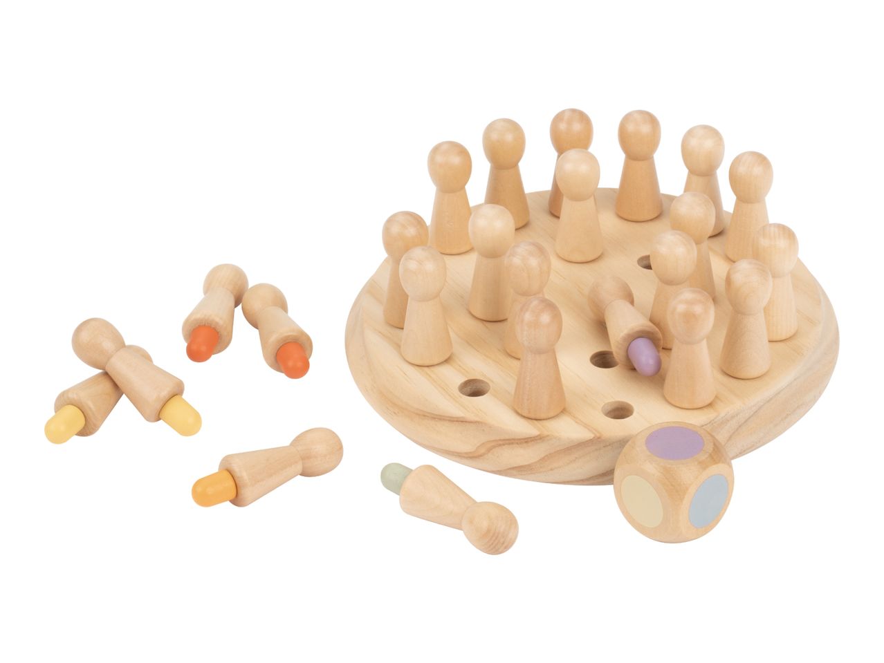 Wooden memory game with a round board, colorful pegs, and a dice.
