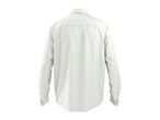 Back view of a plain white long-sleeved button-up shirt with visible stitching details.