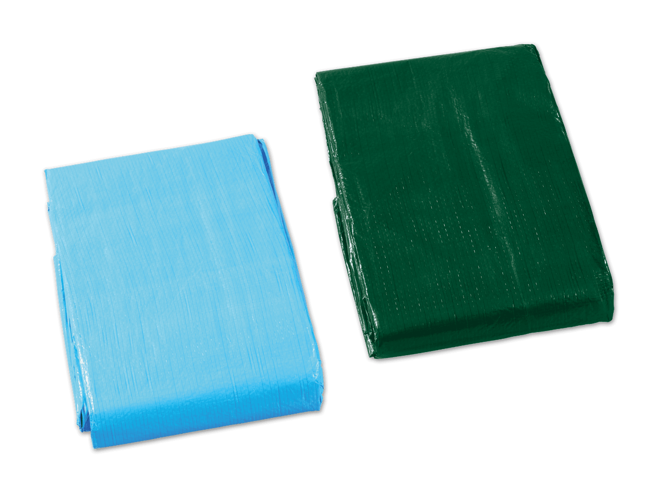 Zwei gefaltete Planen, eine blaue und eine grüne, auf schwarzem Hintergrund.