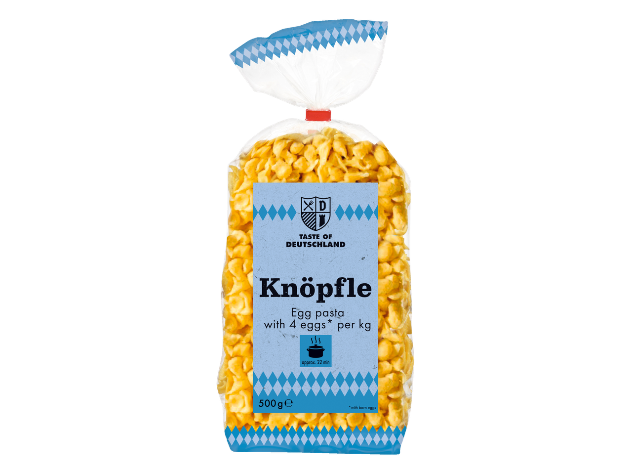 Knöpfle eierpasta met 4 eieren per kg, verpakking van 500g.