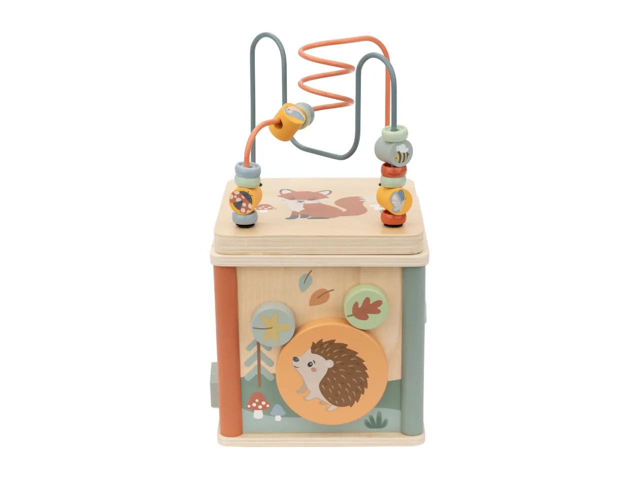 Wooden activity cube with a bead maze, featuring forest animals like a fox and hedgehog.