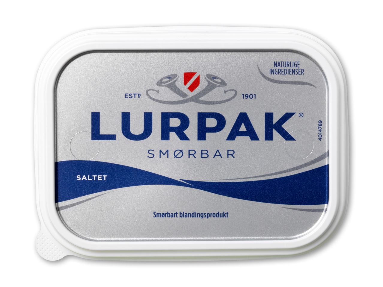 En sølvfarvet smørbar blanding med blå og grå bølger, mærket med 'SALTET' og 'SMØRBAR'.