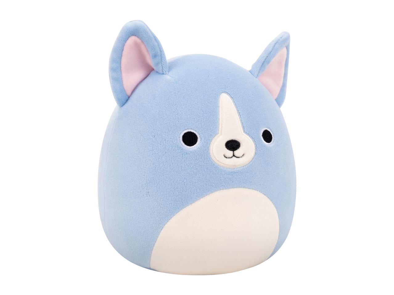 Light blue plush toy with pink ears and a white snout, resembling a dog or cat.