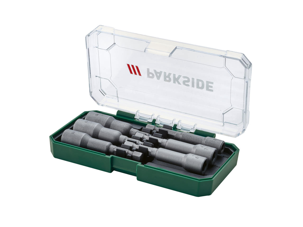 Parkside® Bit Set / Socket Set in a clear case, featuring various sizes of bits and sockets.